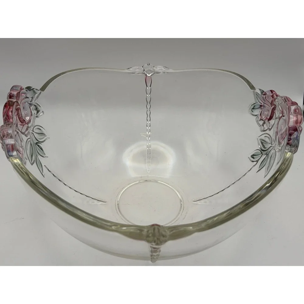 Vintage Mikasa Dusty Rose Clear Glass Serving Bowl Pink Roses 10